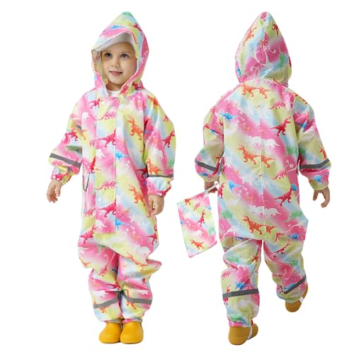 FILOWA Regenanzug Kinder Wasserdicht Matschanzug mit Kapuze Einteilig Regen Overalls Atmungsaktiv Regenmantel Dinosaurier Muster Regenoverall Outdoor Regenkleidung für Baby Mädchen 1-3 Jahre, Rosa von FILOWA