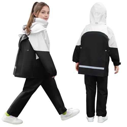 FILOWA Regenanzug Kinder Wasserdicht Regenjacke und Hose Atmungsaktiv Kapuze Matschanzug mit Reißverschluss Regenset Zweiteiliger Camping Regendichte Regenkleidung für Mädchen 8-9 Jahre, Schwarz von FILOWA