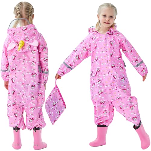 FILOWA Regenmantel Kinder Mädchen Atmungsaktiv Matschanzug Wasserdicht Regenanzug mit Kapuze Leicht Regenoverall Outdoor Regenkleidung Einteilig Overalls Regen für Schule Wandern 7-9 Jahre von FILOWA