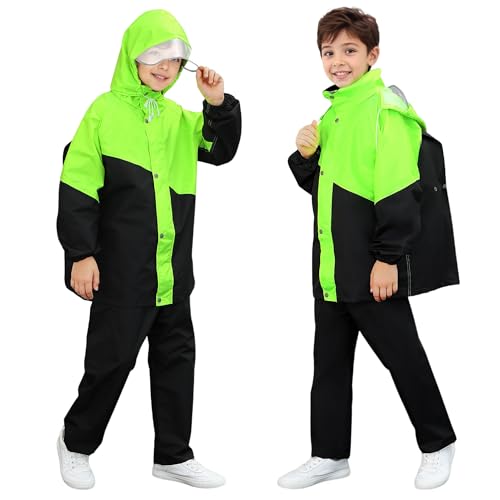FILOWA Regenanzug für Jungen Teenager Atmungsaktiv Regenjacke und Matschhose Wasserdicht Regenkleidung mit Kapuze Zweiteiliger Regenset Regendichte Kleidung Reise 13-14 Jahre, Fluoreszierendes Grün von FILOWA
