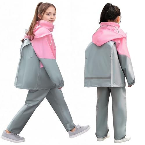 FILOWA Regenanzug für Kinder Mädchen Atmungsaktiv Regenjacke und Matschhose Wasserdicht Leicht Regenkleidung mit Kapuze Zweiteiliger Regenset Regendichte Kleidung Wandern Reise 13-14 Jahre, Rosa von FILOWA