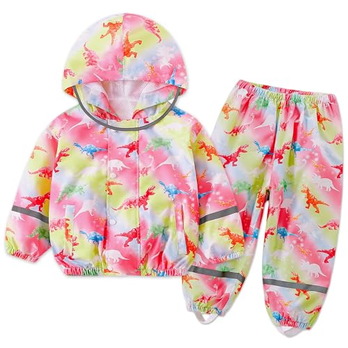 FILOWA Regenanzug für Mädchen Kinder Atmungsaktiv Regenjacke und Matschhose Wasserdicht Leicht mit Kapuze Zweiteiliger Regenset Regendichte Regenkleidung Wandern Reise 4-5 Jahre, Rosa Dinosaurier von FILOWA