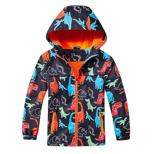 FILOWA Regenjacke Gefütterte für Jungen Kinder Softshelljacke mit Fleece Futter Wasserdicht Übergangsjacke Leichte Jacke Dinosaurier Druck Funktionsjacke für Outdoor Camping Schule Gr.128-134, Blau von FILOWA