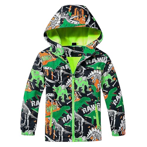 FILOWA Regenjacke Wasserdicht für Jungen Softshelljacke mit Reflexionsstreifen Winddicht Übergangsjacke Leichte Kapuze Jacke Dinosaurier Druck Outdoorjacke Funktionsjacke für Kinder Gr.146-152, Grün von FILOWA