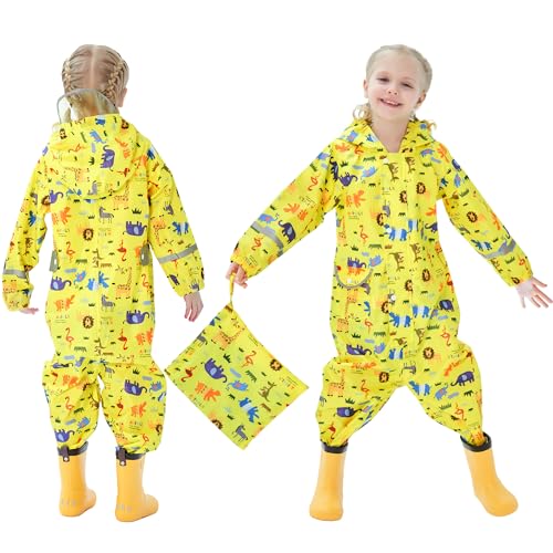 FILOWA Regenmantel Kinder Mädchen Atmungsaktiv Matschanzug Wasserdicht Regenanzug mit Kapuze Leicht Regenoverall Outdoor Regenkleidung Einteilig Overalls Regen für Schule Wandern 5-7 Jahre von FILOWA