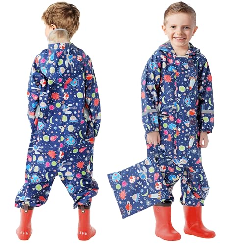 FILOWA Regenmantel Kinder Jungen Atmungsaktiv Matschanzug Wasserdicht Regenanzug mit Kapuze Leicht Regenoverall Outdoor Regenkleidung Einteilig Overalls Regen für Schule Wandern 5-7 Jahre von FILOWA