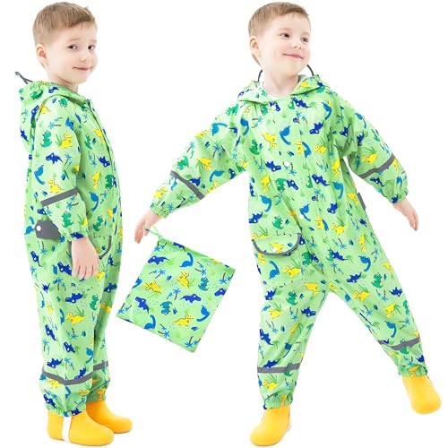 FILOWA Regenmantel Kinder Jungen Atmungsaktiv Matschanzug Wasserdicht Regenanzug mit Kapuze Dinosaurier Leicht Regenoverall Outdoor Regenkleidung Einteilig Overalls Regen für Schule Wandern 7-9 Jahre von FILOWA