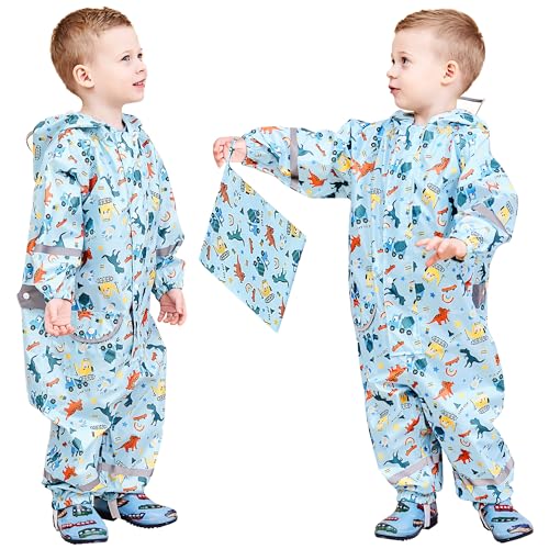 FILOWA Regenmantel Kinder Jungen Atmungsaktiv Matschanzug Wasserdicht Regenanzug mit Kapuze Leicht Regenoverall Outdoor Regenkleidung Einteilig Overalls Regen für Schule Wandern 1-3 Jahre von FILOWA