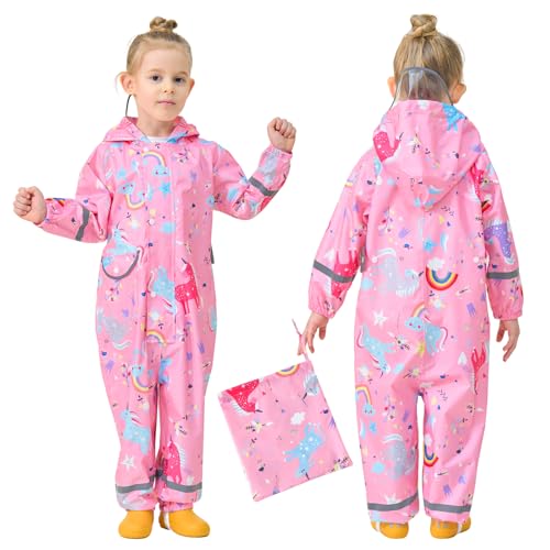 FILOWA Regenmantel Kinder Mädchen Atmungsaktiv Matschanzug Einhorn Wasserdicht Regenanzug mit Kapuze Leicht Regenoverall Outdoor Regenkleidung Einteilig Overalls Regen für Schule Wandern 5-7 Jahre von FILOWA