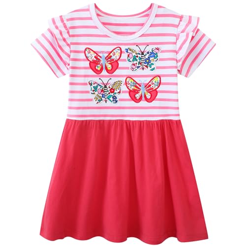 FILOWA Schmetterling Kleider für Mädchen Kinder Blumen Stickerei Sommerkleid Rot Streifen Cartoon Kinderkleider Embroider Baumwolle Mädchenkleid Kurze Ärmel Lässige Kinderkleidung, Gr.110-116 von FILOWA