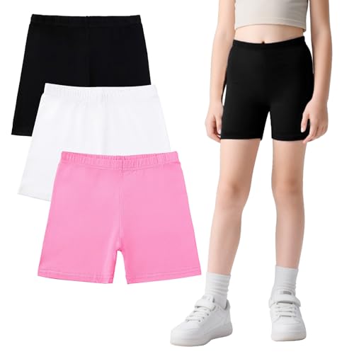 FILOWA Shorts für Mädchen Kinder Baumwolle Kurze Hosen 3er-Pack Sport Radlerhose mit Elastischer Bund Turnhose Weich Rosa Weiß Freizeit Sporthose Sommer Gym Radfahren Wandern Joggershorts, Gr.134-140 von FILOWA