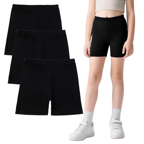FILOWA Shorts für Mädchen Kinder Baumwolle Kurze Hosen 3er-Pack Sport Radlerhose mit Elastischer Bund Turnhose Weich Schwarz Freizeit Sporthose Sommer Gym Radfahren Wandern Joggershorts, Gr.158-164 von FILOWA