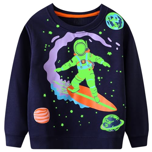 FILOWA Sweatshirt Kinder Junge Leuchtet im Dunkeln Surfen Astronauten Planet Drucken Sweatshirt Pullover Sport Marineblau Langarm Warm Baumwolle Top Jogging Sweatshirt 6-7 Jahre,Gr.116-122 von FILOWA