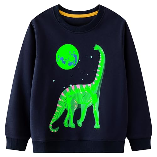 FILOWA Sweatshirt Kinder Junge Leuchtet im Dunkeln Sweatshirt Langhalsiger Dinosaurier Drucken Pullover Sport Marineblau Langarm Warm Baumwolle Top Jogging Sweater 6-7 Jahre,Gr.116-122 von FILOWA