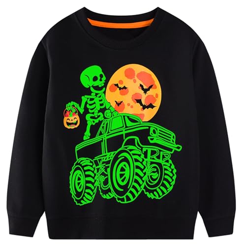 FILOWA Sweatshirt Kinder Junge Leuchtet im Dunkeln Sweatshirt Schädel Kürbis Fledermaus Drucken Pullover Sport Marineblau Langarm Warm Baumwolle Top Herbst Halloween Sweater 6-7 Jahre, Gr.116-122 von FILOWA