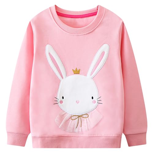 FILOWA Kinder Mädchen Häschen Stickerei Pullover Rosa Langarm Warm Baumwolle Top Casual Kleinkind Sweatshirt 6-7 Jahre, Gr.116-122 von FILOWA