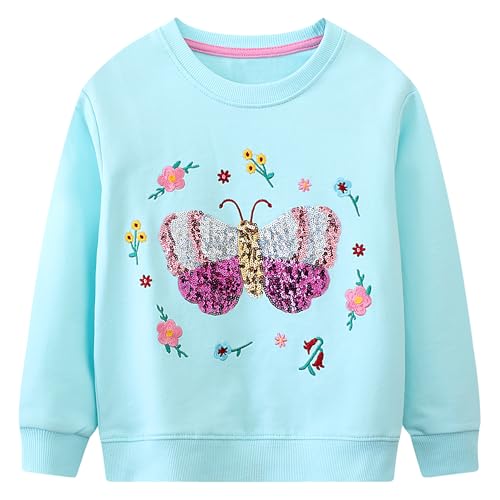 FILOWA Kinder Mädchen Pailletten Schmetterling Blumen Stickereien Herbstpullover Sport Pullover Blau Baumwolle Top Casual Kleinkind 4-5 Jahre, Gr.104-110 von FILOWA