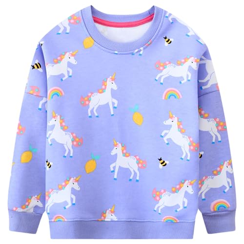 FILOWA Sweatshirt Kinder Mädchen Regenbogen Einhorn Bienen Druck Herbstpullover Sport Kinder Sweatshirt Pullover Lila Langarm Warm Baumwolle Top Casual Jumper Kleinkind Sweatshirt 4-5 Jahre,Gr.104-110 von FILOWA
