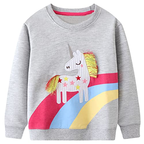 FILOWA Sweatshirt Kinder Mädchen Regenbogen Einhorn Sweatshirt Pullover Sport Grau Langarm Warm Baumwolle Top Sweatshirt 4-5 Jahre,Gr.104-110 von FILOWA