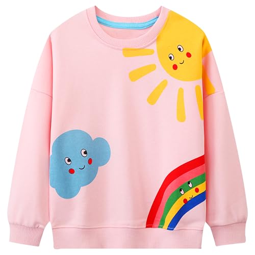 FILOWA Sweatshirt Kinder Mädchen Regenbogen Sonne Wolken Druck Herbstpullover Sport Kinder Sweatshirt Pullover Rosa Langarm Warm Baumwolle Top Casual Jumper Kleinkind Sweatshirt 2-3 Jahre,Gr.92-98 von FILOWA