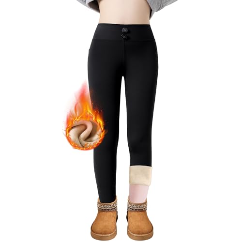 FILOWA Thermo Leggings Mädchen Kinder Gefütterte Thermoleggings mit Taschen High Waist Fleece Warme Hosen Elastisch Schwarz Thermohose Winter Thermounterwäsche für Kleinkinder 4-5 Jahre, Gr.104-110 von FILOWA