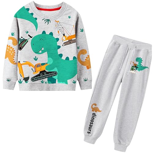 FILOWA Trainingsanzug Jungen Sportanzug Kinder Jogginganzug Baumwolle Dinosaurier Kran Bagger Grau Pullover Sweatshirts und Hosen Outfit Sportbekleidung Herbst Winter Alter 2-3 Jahre,3T von FILOWA