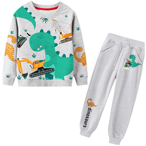 FILOWA Trainingsanzug Jungen Sportanzug Kinder Jogginganzug Baumwolle Dinosaurier Kran Bagger Grau Pullover Sweatshirts und Hosen Outfit Sportbekleidung Herbst Winter Alter 3-4 Jahre,4T von FILOWA