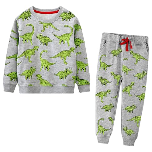 FILOWA Trainingsanzug Jungen Sportanzug Kinder Jogginganzug Baumwolle Grüner Dinosaurier Druck Pullover Dunkelgrau Sweatshirts und Hosen Outfit Sportbekleidung Herbst Winter 2-3 Jahre, Gr.92-98 von FILOWA