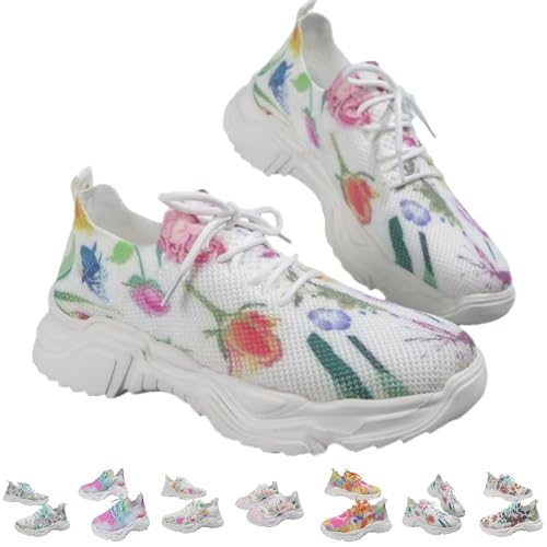 Atmungsaktive orthopädische Sneaker mit Blumendruck, Netzstoff, atmungsaktiv, rutschfest, dicke Sohle, orthopädische Sneaker, 16, 39 EU von FIMWEST