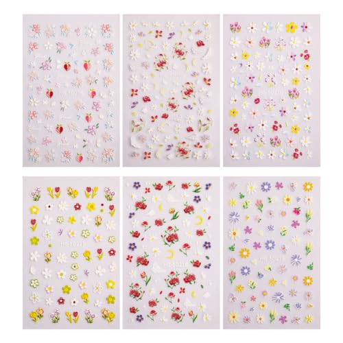 FIMWOLZ 6 Blatt 3D Nagelsticker Selbstklebend Frühling Blumen 5D Stereoskopisch Nail Art Sticker Dekoration Nageldesign Zubehör (Bunte Blüte) von FIMWOLZ