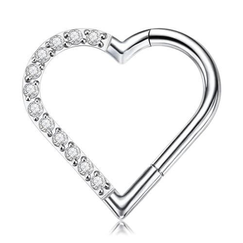 FINE4U Heart Daith Piercing-Schmuck, 16G, 8 mm, 10 mm, linkes Ohr – ASTM F136 Titan Clicker Daith Ohrringe für Damen und Herren, 16G(1.2mm), 3/8"(10mm), Titan, zirkonia von FINE4U