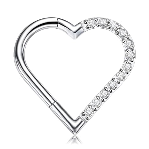 FINE4U Heart Daith Piercing-Schmuck, 16G, 8 mm, 10 mm, linkes Ohr – ASTM F136 Titan Clicker Daith Ohrringe für Damen und Herren, 16G(1.2mm), 3/8"(10mm), Zirkonia, Titan, zirkonia von FINE4U