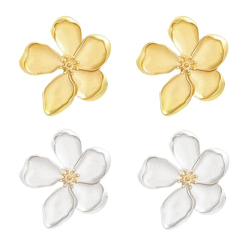 FINEASY 2 Paar Blumen Ohrringe, Metall Ohrringe Blumen, Ohrringe Gold Ohrstecker Blume Silber, Metall Blütenblatt Ohrringe Damen, Statement Blumen Ohrstecker für Frauen und Mädchen von FINEASY