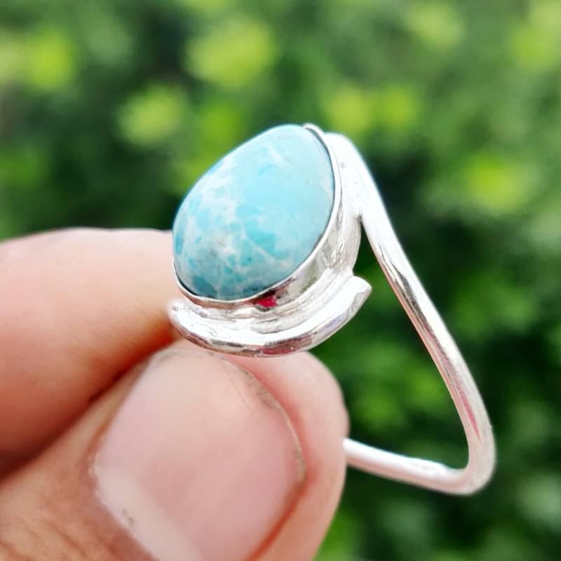 Larimar Stein Ring, 925 Sterling Silber Bandring, Boho Edelstein Blauer Ring Statement Rr67 von antique925SilverShop