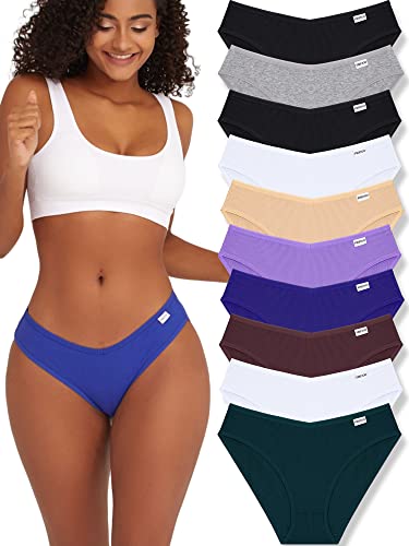 FINETOO 10 Stück Damen Unterwäsche Baumwolle Niedlich Low Rise Bikini Rib Cheeky Panties Sexy V-förmiger Bund Hipster S-XL, Farbe B, M-L von FINETOO