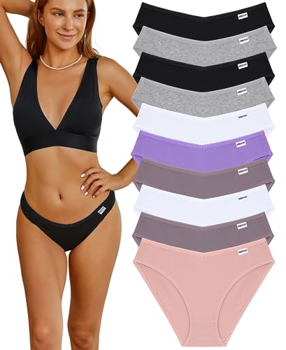 FINETOO 10 Stück Damen Unterwäsche Baumwolle Niedlich Low Rise Bikini Rib Cheeky Panties Sexy V-förmiger Bund Hipster S-XL, Farbe D, M-L von FINETOO