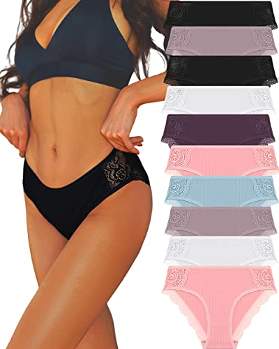 FINETOO 10er Baumwoll Unterwäsche Damen Spitze Slip Set Sexy Hipster Soft Unterhosen Bequem Underwear Frauen Nahtlos Spitzen Mehrpack S-XL von FINETOO