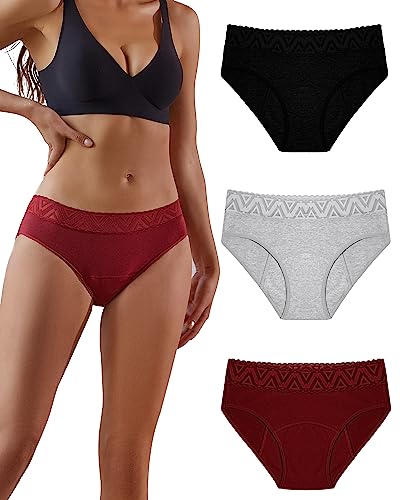 FINETOO 3er Pack Perioden Unterhosen Damen Spitze Set Baumwoll Unterhosen Mittlere Taillenhöhe Menstruations Unterwäsche Frauen Hipster Mehrpack S-2XL von FINETOO