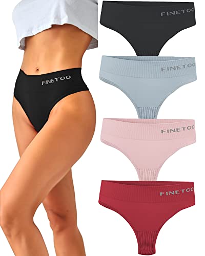 FINETOO 4er Damen String Tangas Atmungsaktiv Thong Bauchkontrolle Strings Set Hoher Taille Unterwäsche Frauen Unterhosen Weich Panties S-XL (pink-4er, L) von FINETOO