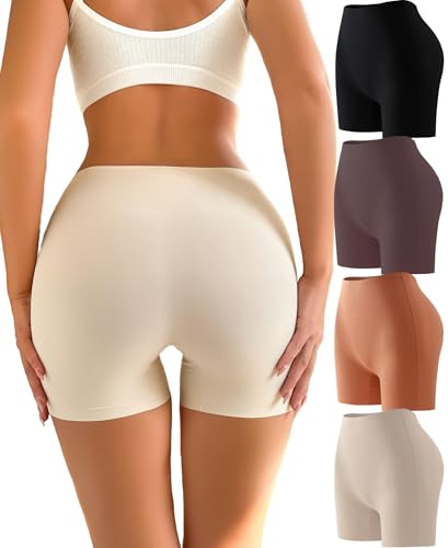 FINETOO 4er Pack Seamless Boxershort Damen High Waist Radlerhose Unterwäsche Weich Nahtlose Panties Under Dress Boyshorts Unterhosen Hipster Frauen Mehrpack S-XL von FINETOO