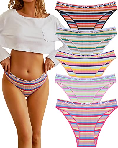 FINETOO 5er Pack Baumwolle Slip Damen Baumwoll Unterwäsche Frauen Set Regenbogen Slips Sport Hipster Sexy Panties Unterhose Logo Sportunterwäsche Weich Unterhosen Sportgürtel Mehrpack S-XL von FINETOO