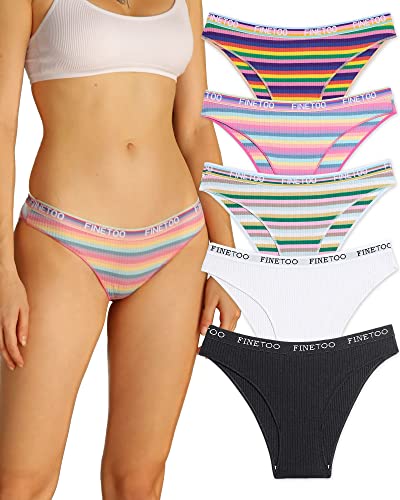 FINETOO 5er Pack Baumwolle Slip Damen Baumwoll Unterwäsche Frauen Set Regenbogen Slips Sport Hipster Sexy Panties Unterhose Logo Sportunterwäsche Weich Unterhosen Sportgürtel Mehrpack S-XL von FINETOO