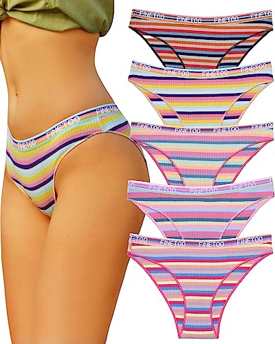 FINETOO 5er Pack Baumwolle Slip Damen Baumwoll Unterwäsche Frauen Set Regenbogen Slips Sport Hipster Sexy Panties Unterhose Logo Sportunterwäsche Weich Unterhosen Sportgürtel Mehrpack S-XL von FINETOO