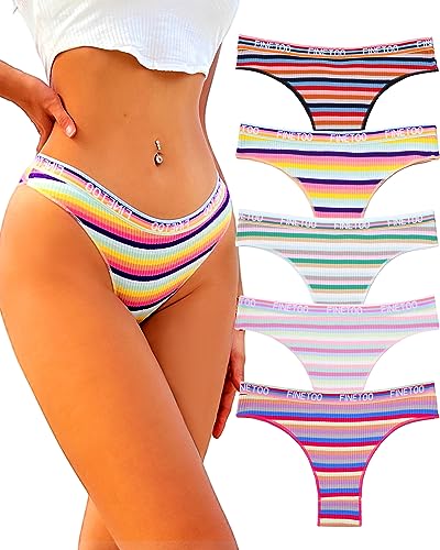 FINETOO 5er Pack Brazilian Slip Damen Baumwolle Komfort Unterwäsche Frauen Regenbogen Gestreifter Sexy Panties Soft Hipster Women Underwear Mehrpack S-XL von FINETOO