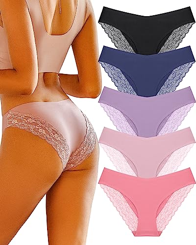 FINETOO 5er Pack Seamless Slips Unterhosen Damen Spitze Nahtlose Unterwäsche Frauen Sexy V-Shape Hipster for Women Mehrteiliges Set S-XL von FINETOO