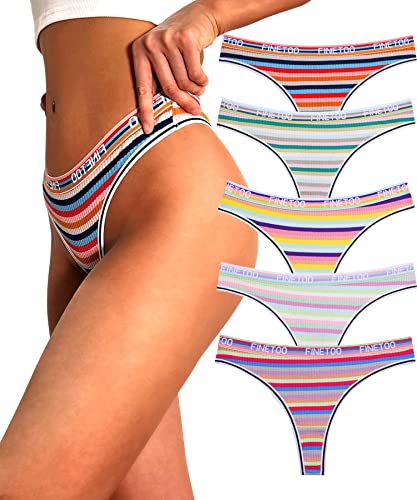 FINETOO 5er Pack String Tanga Damen Baumwolle mit Niedriger Leibhöhe Sportbund Thongs Unterhosen Frauen Bunte Streifen Mehrpack S-XL von FINETOO