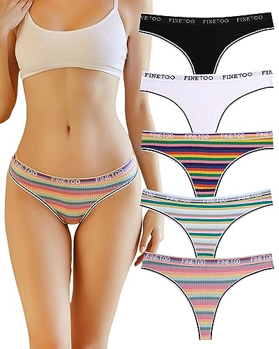 FINETOO 5er Pack String Tanga Damen Baumwolle mit Niedriger Leibhöhe Sportbund Thongs Unterhosen Frauen Bunte Streifen Mehrpack S-XL von FINETOO