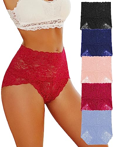 FINETOO 5er Spitze Unterwäsche Damen High Waisted Slip Set Hohe Taille Unterhosen Sexy Hipster Soft Slips Bequem Underwear Frauen Nahtlos Spitzen Mehrpack S-XXL von FINETOO