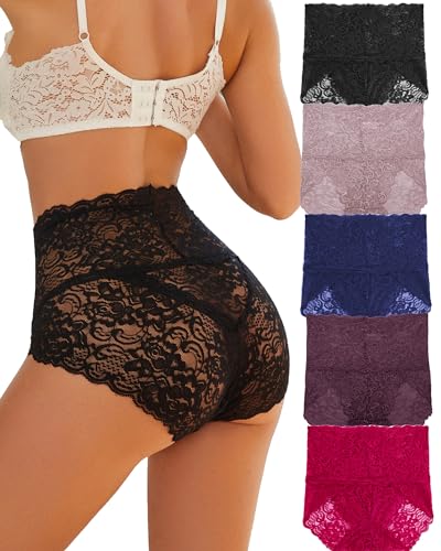 FINETOO 5er Spitze Unterwäsche Damen High Waisted Slip Set Hohe Taille Unterhosen Sexy Hipster Soft Slips Bequem Underwear Frauen Nahtlos Spitzen Mehrpack S-XXL von FINETOO