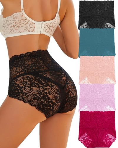 FINETOO 5er Spitze Unterwäsche Damen High Waisted Slip Set Hohe Taille Unterhosen Sexy Hipster Soft Slips Bequem Underwear Frauen Nahtlos Spitzen Mehrpack S-XXL von FINETOO